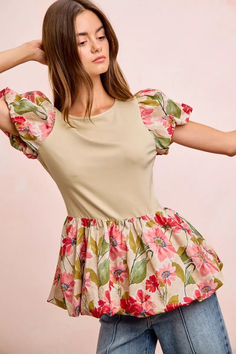 Women Women's Tops Floral Bubble Sleeve Peplum Top casual outfit boutique fashion - BespokeX Wear