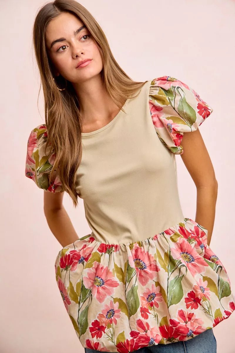 Women Women's Tops Floral Bubble Sleeve Peplum Top casual outfit boutique fashion - BespokeX Wear