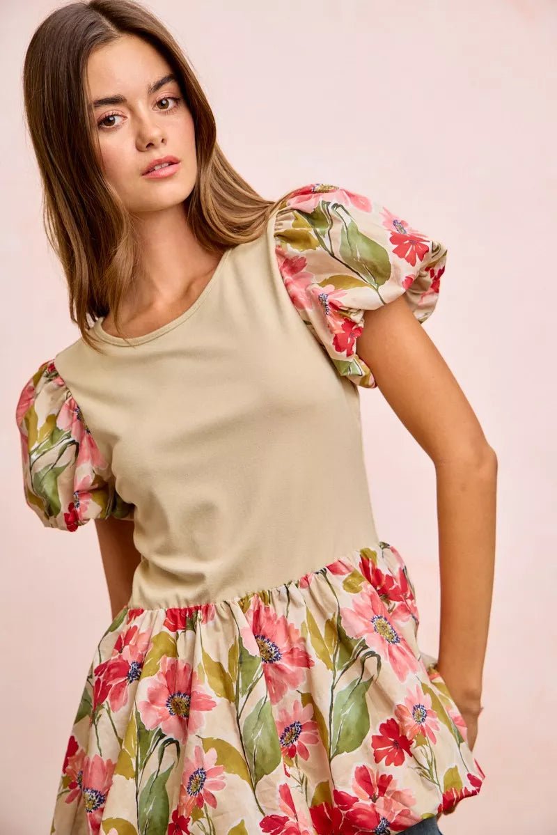 Women Women's Tops Floral Bubble Sleeve Peplum Top casual outfit boutique fashion - BespokeX Wear