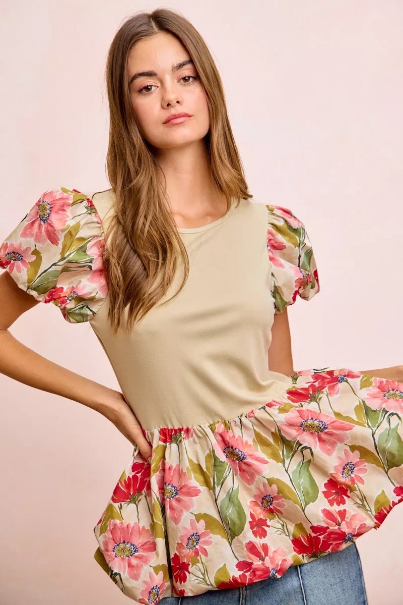 Women Women's Tops Floral Bubble Sleeve Peplum Top casual outfit boutique fashion - BespokeX Wear