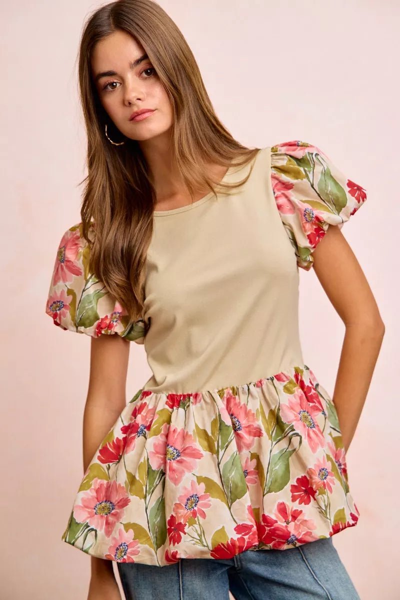 Women Women's Tops Floral Bubble Sleeve Peplum Top casual outfit boutique fashion - BespokeX Wear