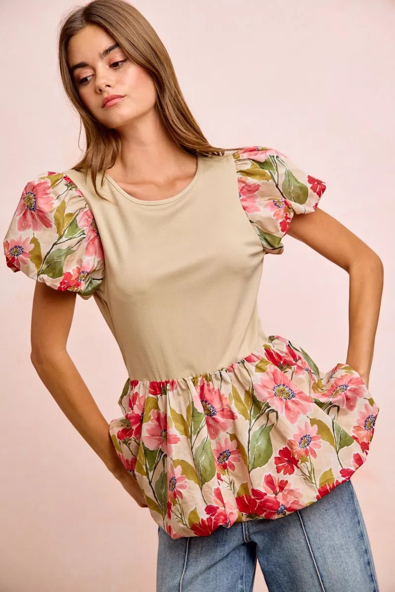 Women Women's Tops Floral Bubble Sleeve Peplum Top casual outfit boutique fashion - BespokeX Wear