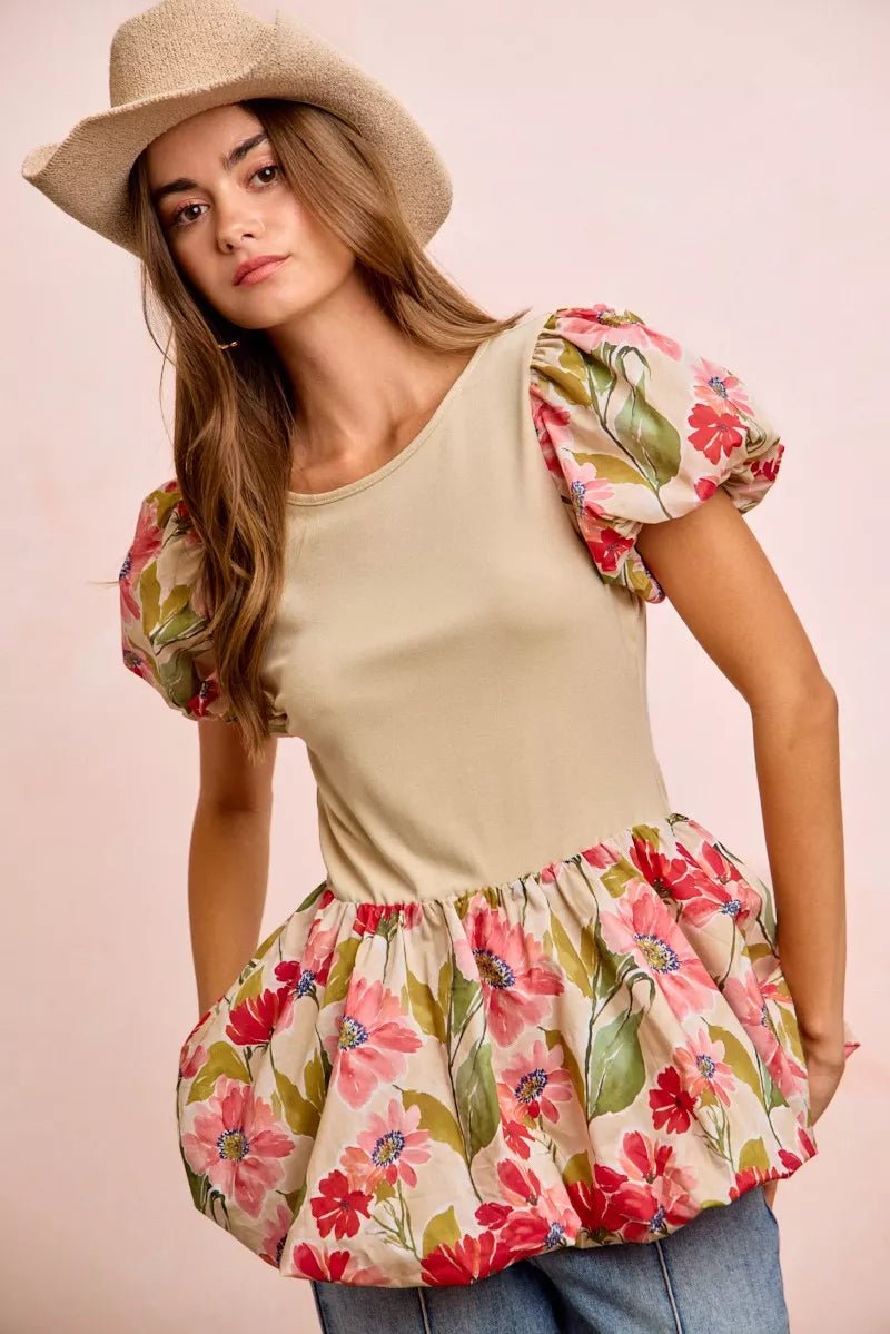 Women Women's Tops Floral Bubble Sleeve Peplum Top casual outfit boutique fashion - BespokeX Wear