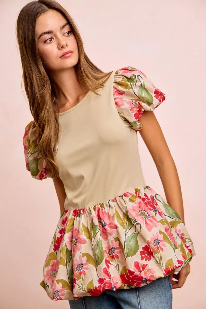Women Women's Tops Floral Bubble Sleeve Peplum Top casual outfit boutique fashion - BespokeX Wear