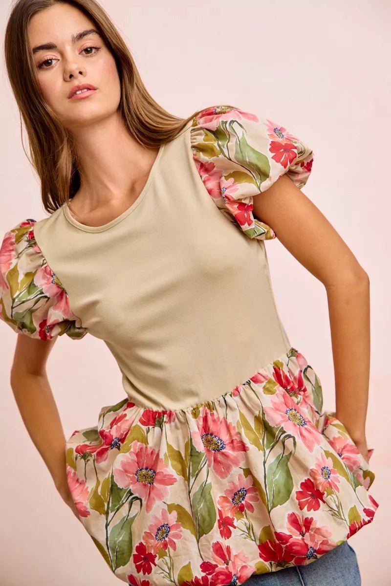 Women Women's Tops Floral Bubble Sleeve Peplum Top casual outfit boutique fashion - BespokeX Wear