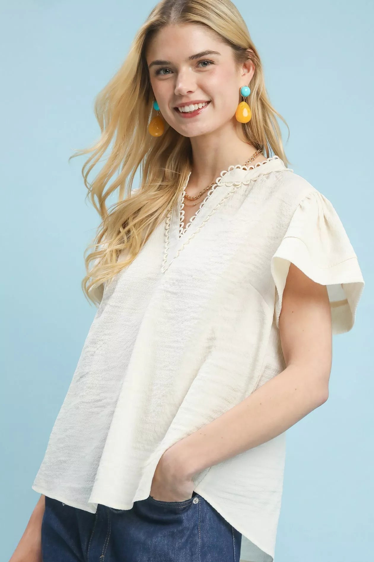 Women Women’s Tops Umgee Seersucker Lace - Trim Short Sleeve Summer Top casual outfit boutique fashion - BespokeX Wear
