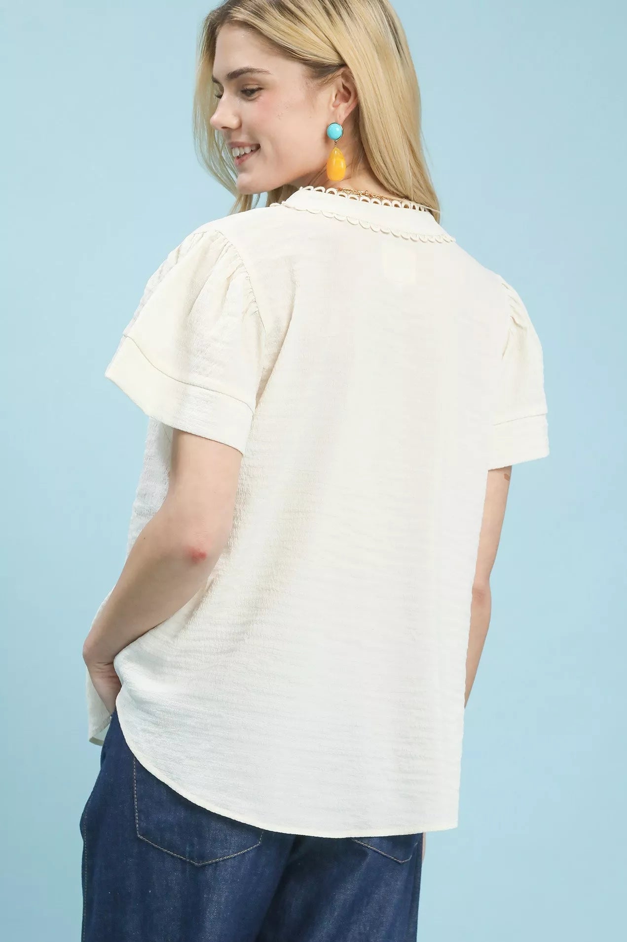 Women Women’s Tops Umgee Seersucker Lace - Trim Short Sleeve Summer Top casual outfit boutique fashion - BespokeX Wear