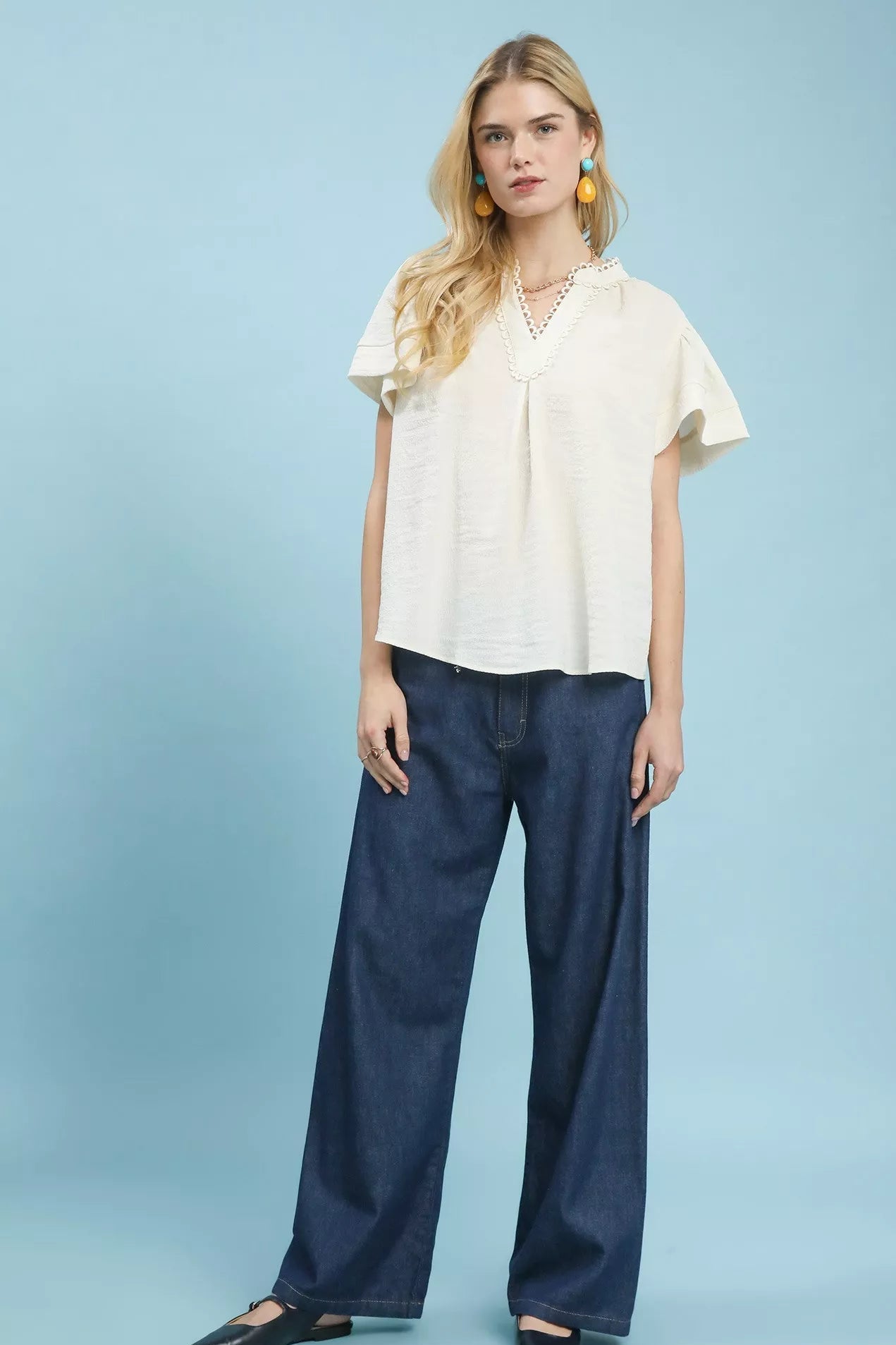 Women Women’s Tops Umgee Seersucker Lace - Trim Short Sleeve Summer Top casual outfit boutique fashion - BespokeX Wear