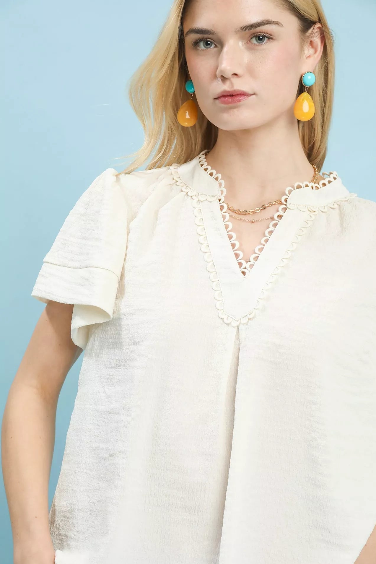 Women Women’s Tops Umgee Seersucker Lace - Trim Short Sleeve Summer Top casual outfit boutique fashion - BespokeX Wear