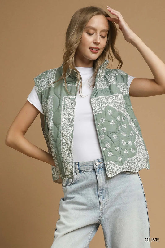 Women Women’s Vest Olive Bandana Quilted Puffer Vest – Umgee casual outfit boutique fashion - BespokeX Wear