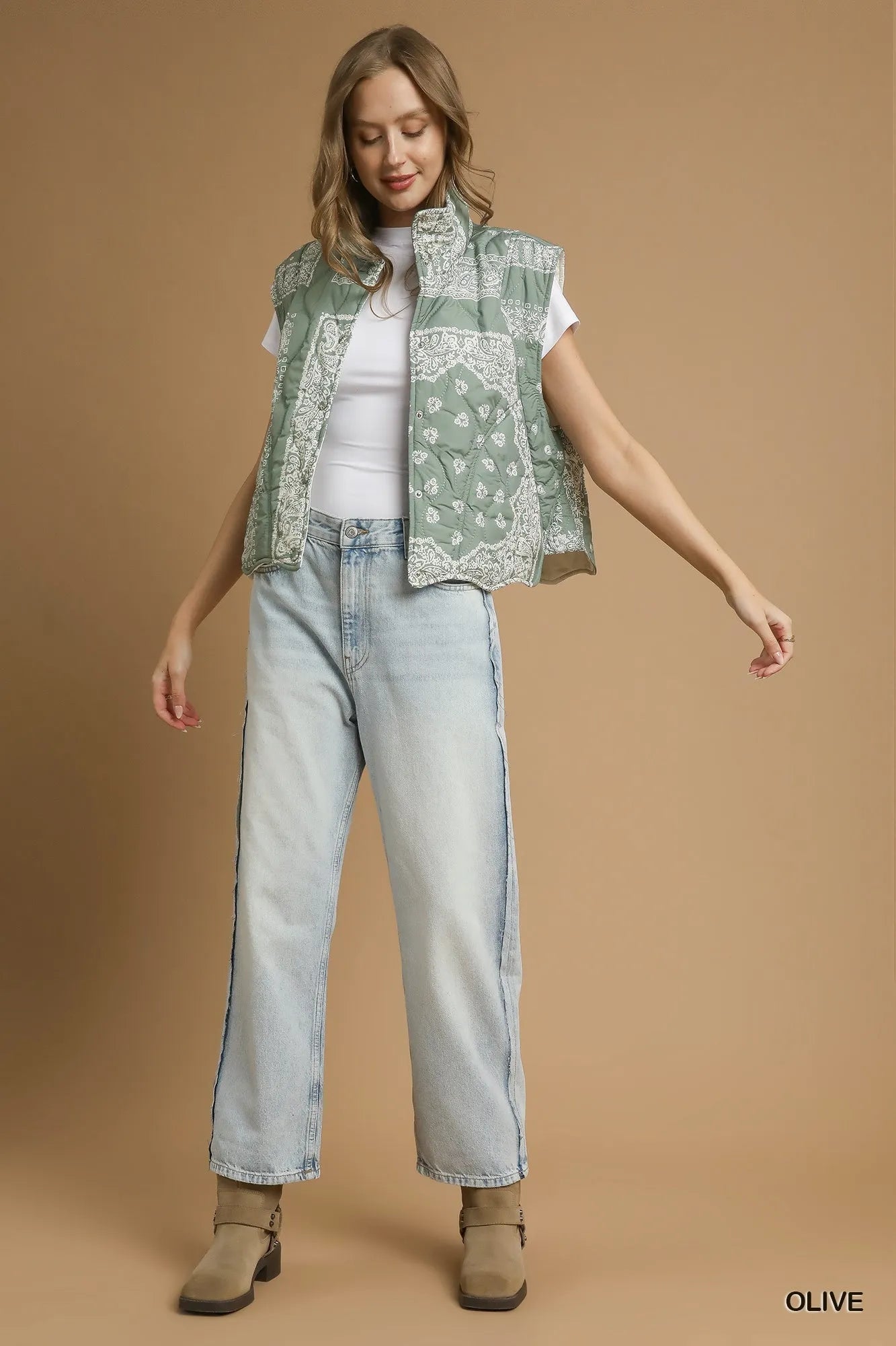 Women Women’s Vest Olive Bandana Quilted Puffer Vest – Umgee casual outfit boutique fashion - BespokeX Wear
