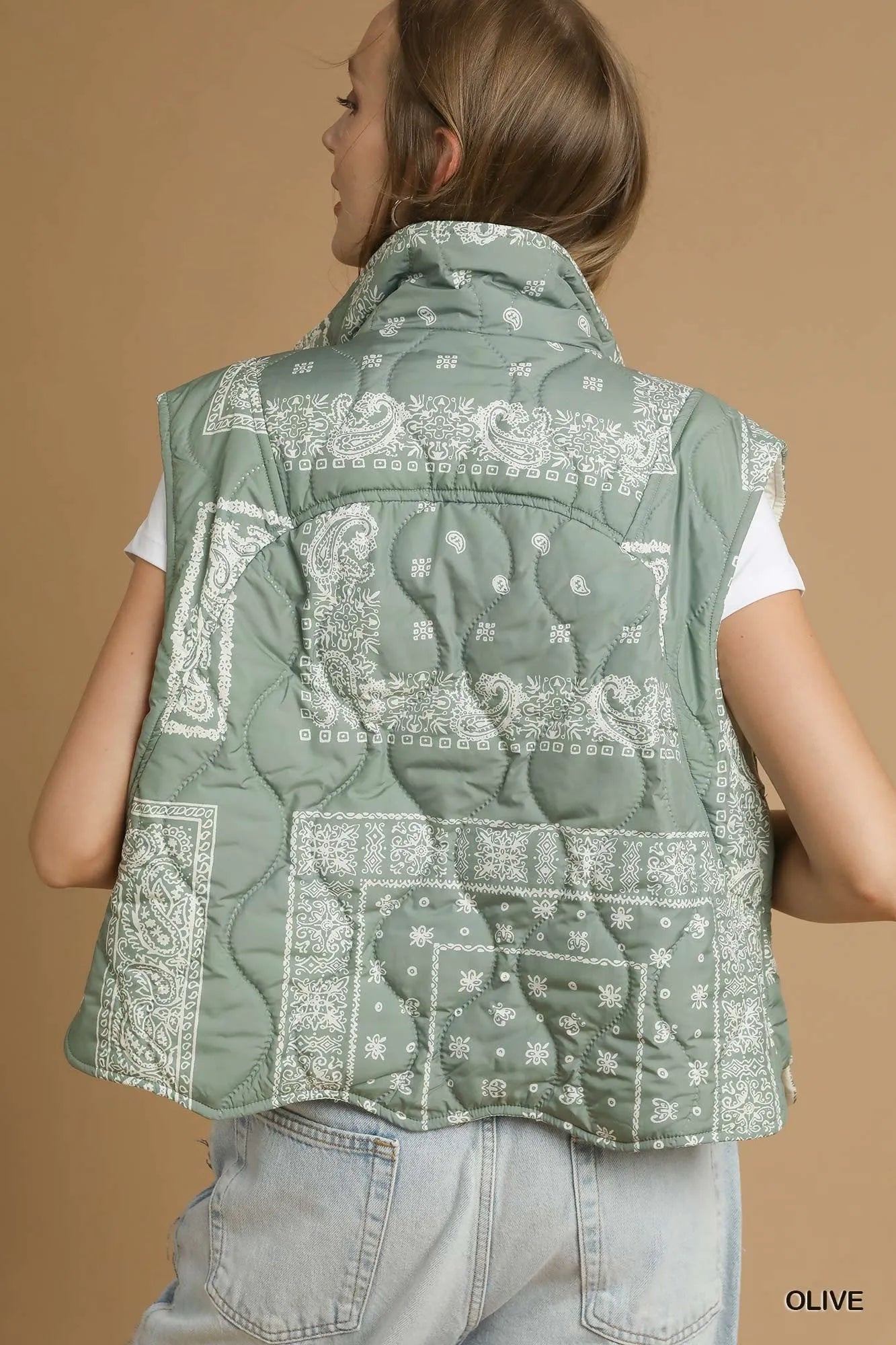 Women Women’s Vest Olive Bandana Quilted Puffer Vest – Umgee casual outfit boutique fashion - BespokeX Wear