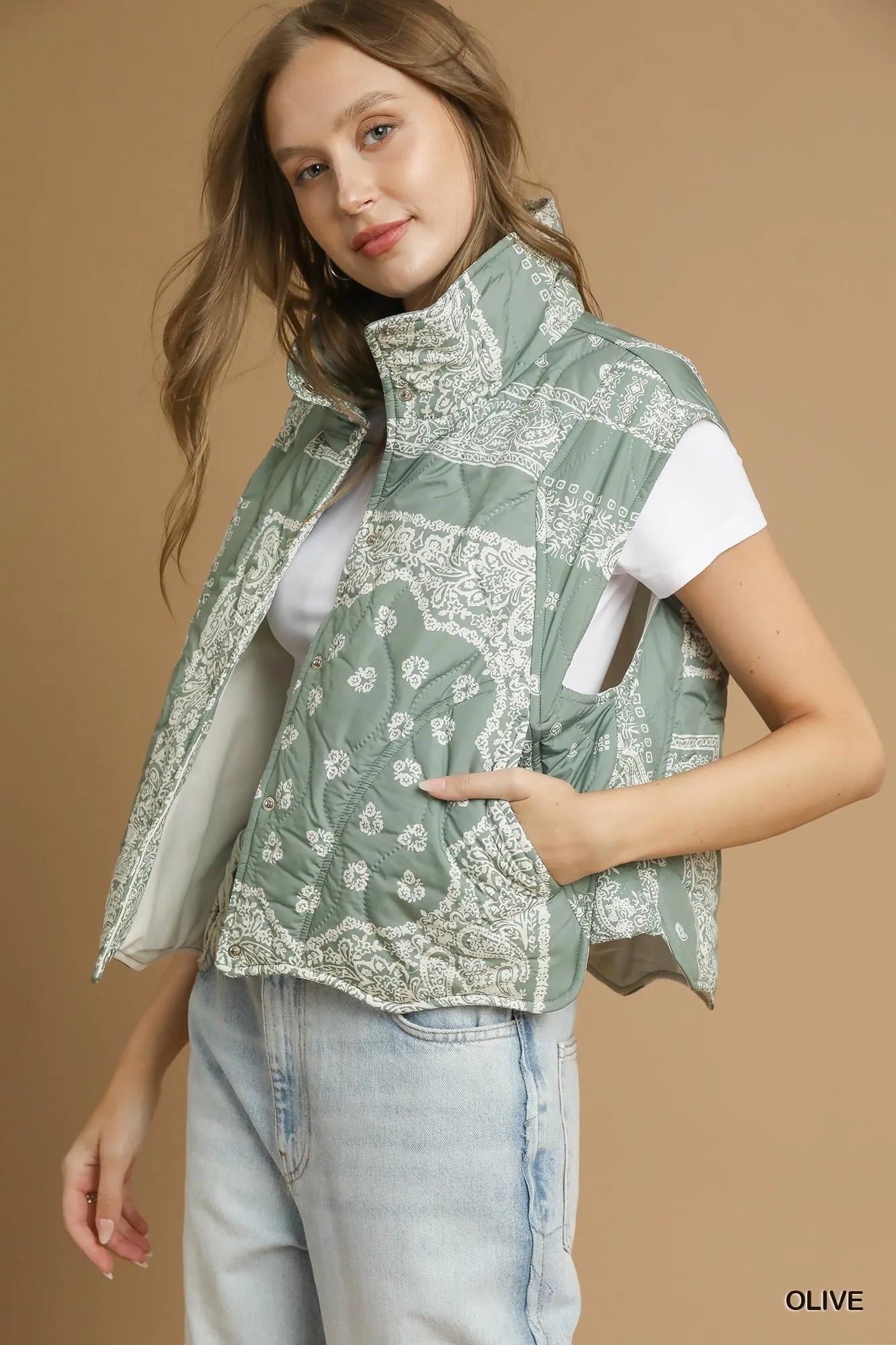 Women Women’s Vest Olive Bandana Quilted Puffer Vest – Umgee casual outfit boutique fashion - BespokeX Wear
