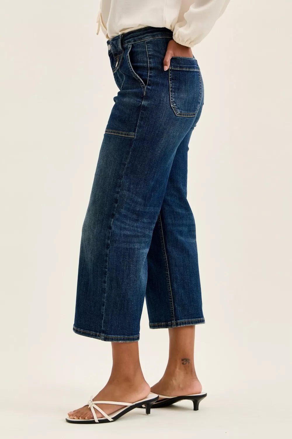Women Women’s Wide Leg Jeans Judy Blue High Waist Wide Crop Utility Jeans – Patch Pocket Denim casual outfit boutique fashion - BespokeX Wear