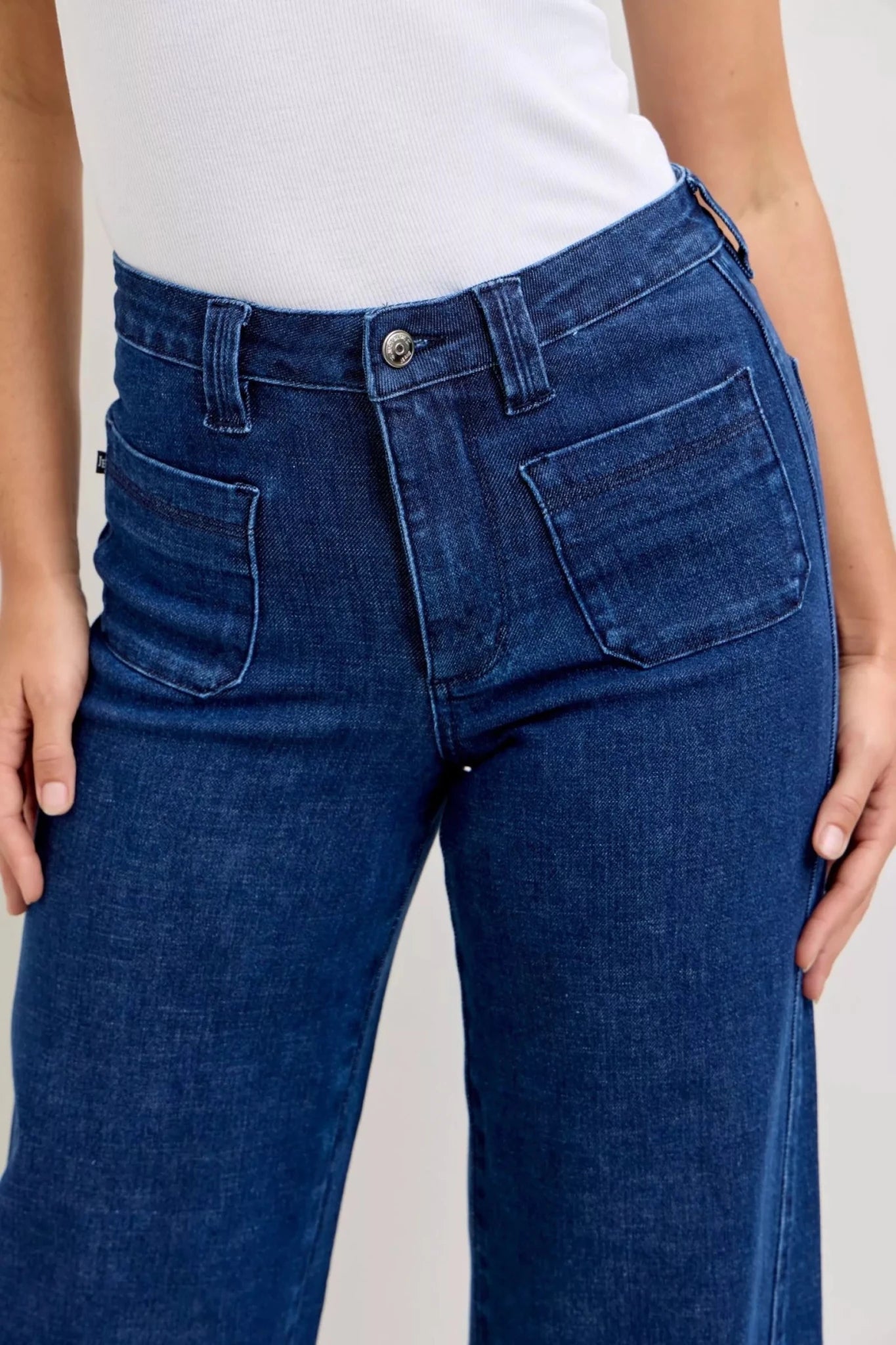 Women Women’s Wide Leg Jeans Judy Blue Retro High Waist Wide Leg Jeans – Twisted Seam Patch Pocket Denim casual outfit boutique fashion - BespokeX Wear