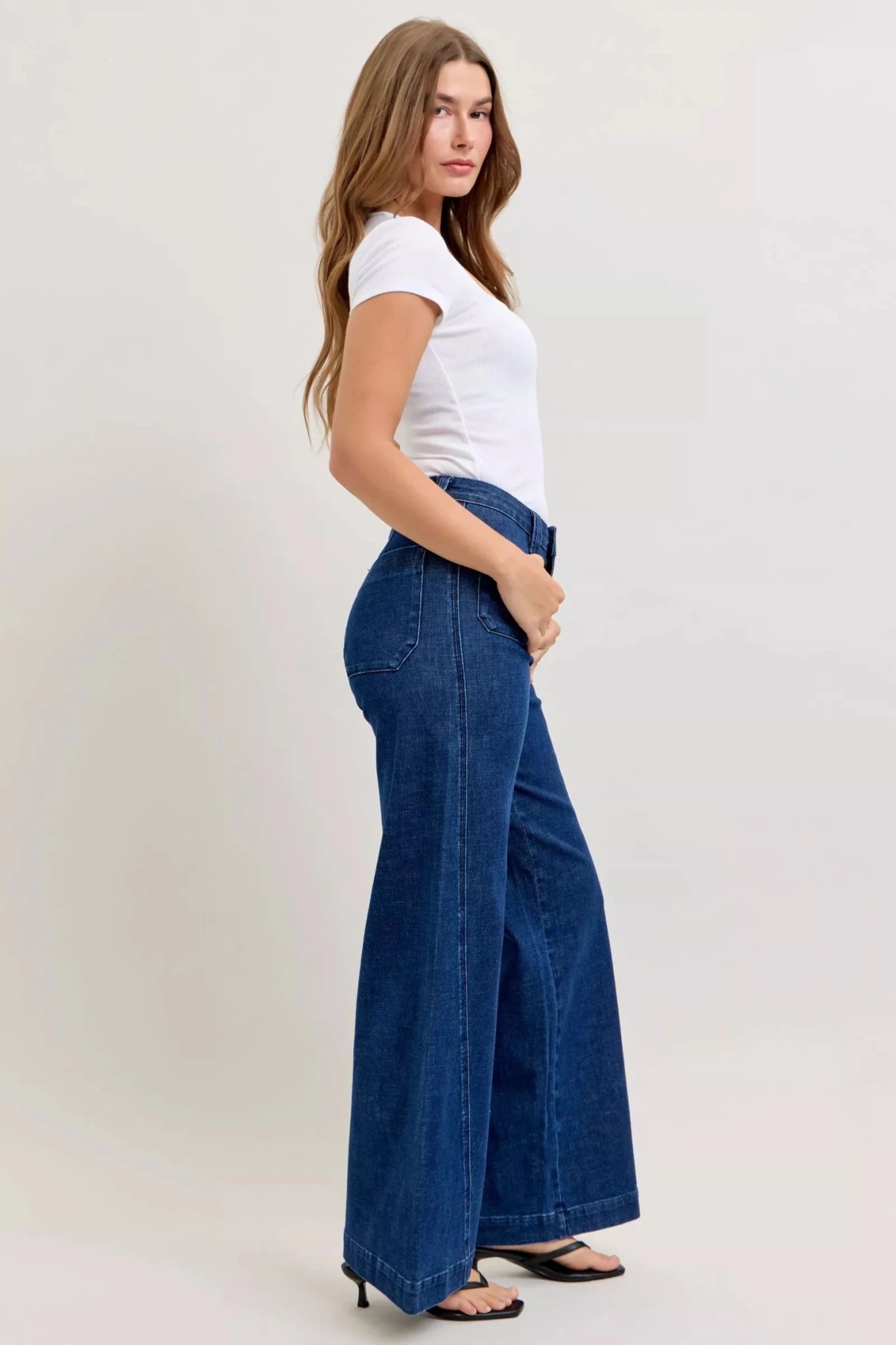 Women Women’s Wide Leg Jeans Judy Blue Retro High Waist Wide Leg Jeans – Twisted Seam Patch Pocket Denim casual outfit boutique fashion - BespokeX Wear