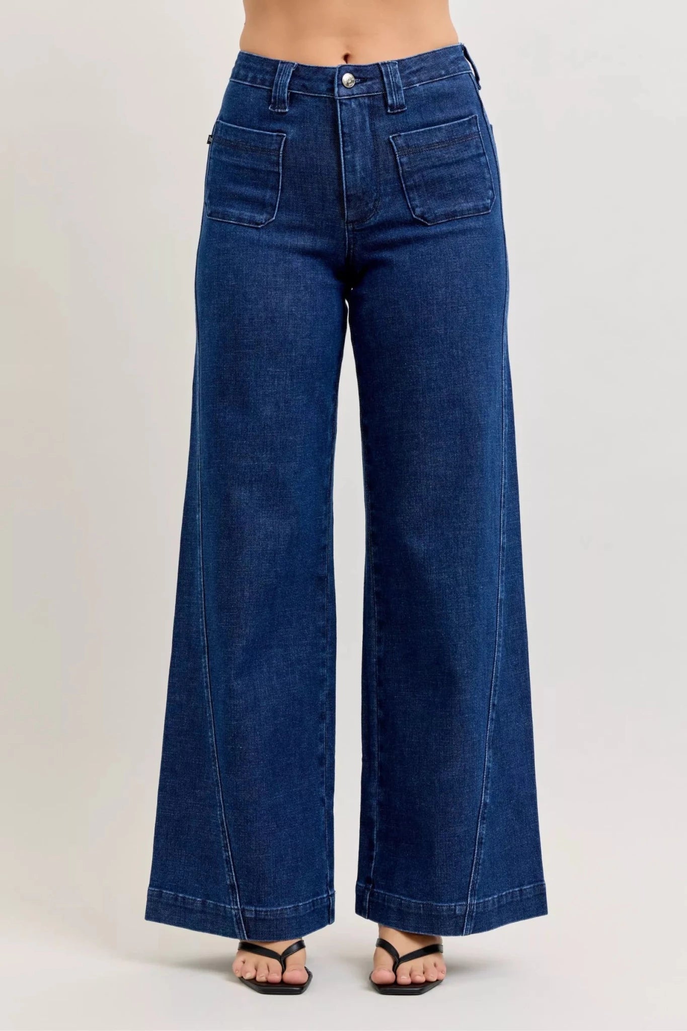 Women Women’s Wide Leg Jeans Judy Blue Retro High Waist Wide Leg Jeans – Twisted Seam Patch Pocket Denim casual outfit boutique fashion - BespokeX Wear