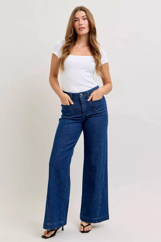 Women Women’s Wide Leg Jeans Judy Blue Retro High Waist Wide Leg Jeans – Twisted Seam Patch Pocket Denim casual outfit boutique fashion - BespokeX Wear