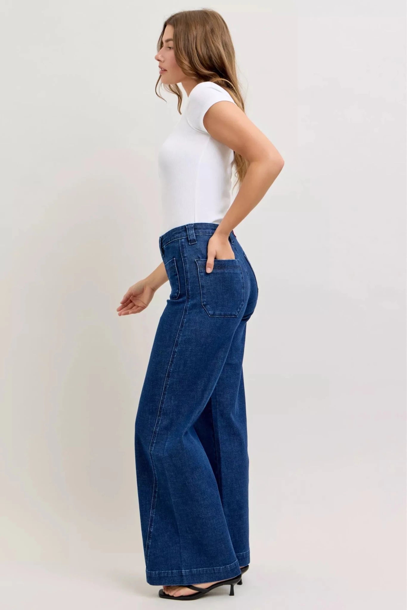 Women Women’s Wide Leg Jeans Judy Blue Retro High Waist Wide Leg Jeans – Twisted Seam Patch Pocket Denim casual outfit boutique fashion - BespokeX Wear